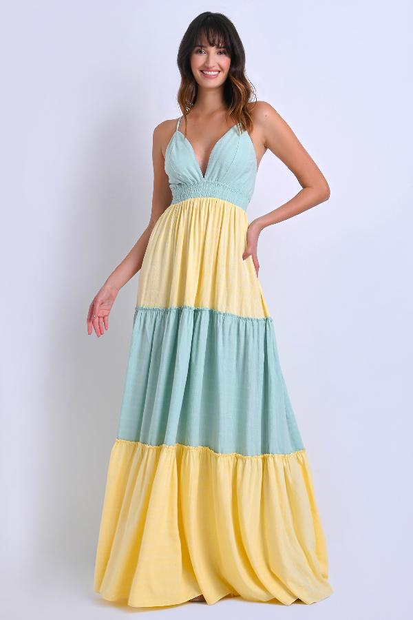 VESTIDO LONGO CON BARRA EN VOLANTES