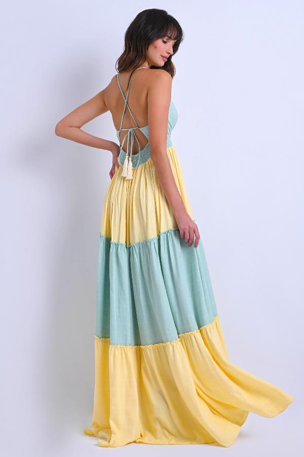 VESTIDO LONGO CON BARRA EN VOLANTES