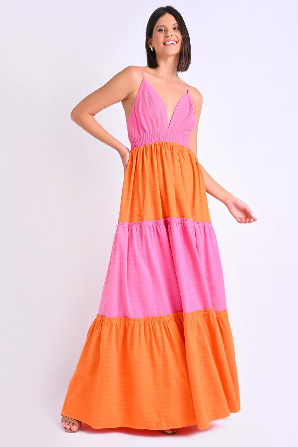 VESTIDO LONGO CON BARRA EN VOLANTES