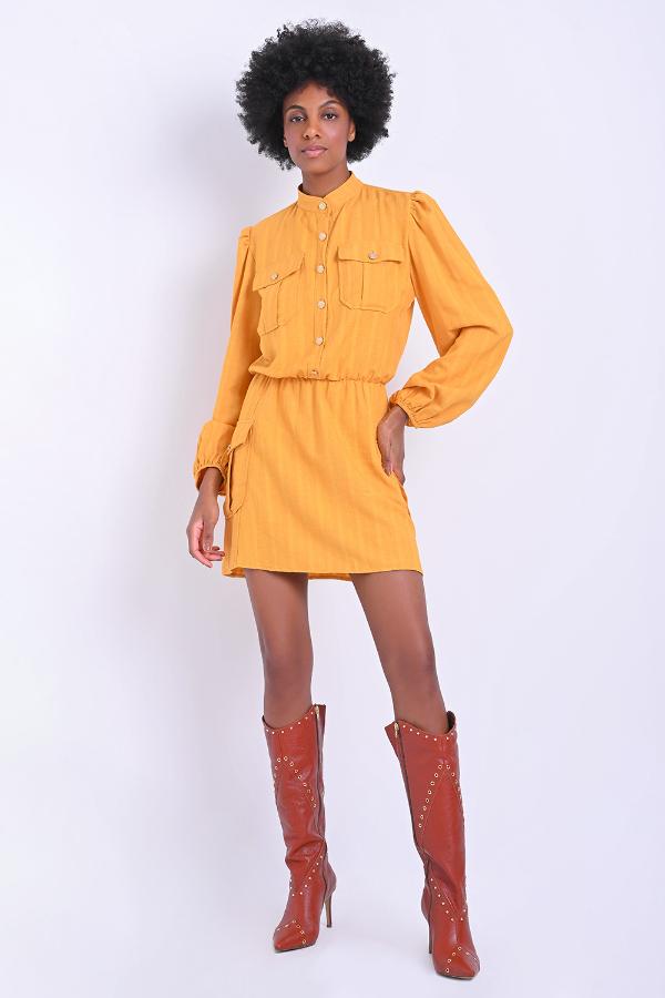 VESTIDO MANGA ABULLONADA Y BOLSILLOS