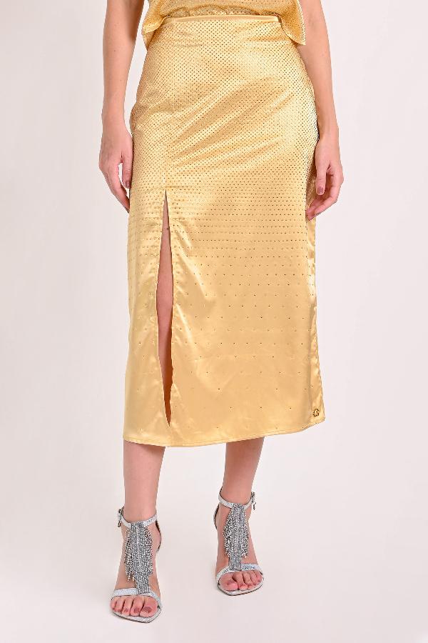 POLLERA MIDI CON ABERTURA Y HOTFIX